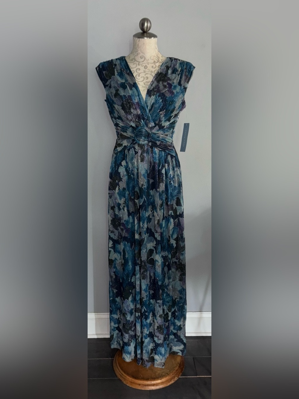 London Times Teal and Navy Floral Maxi Dress with Front Knot